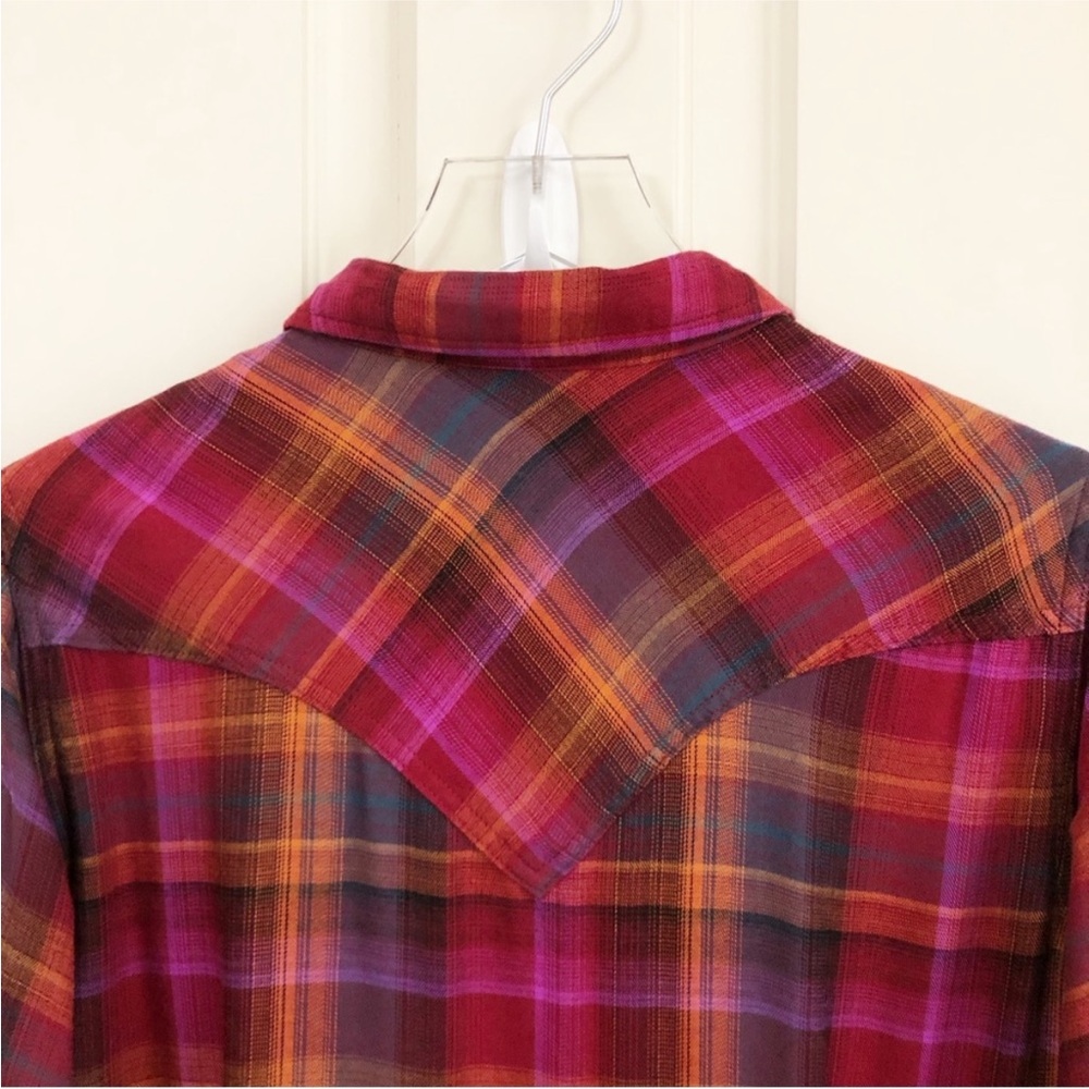 Wrangler | Pearl Snap Retro Flannel Purple Plaid Western Shirt Medium - Picture 10 of 14